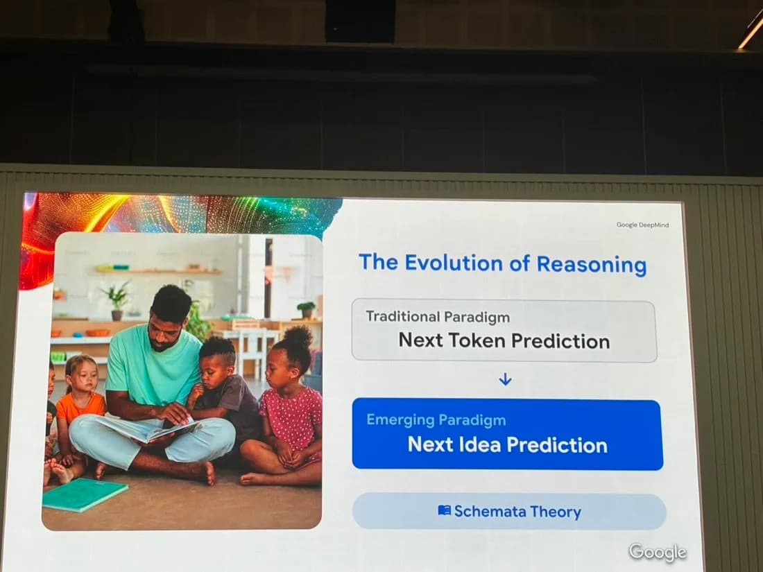 Google DeepMind 投影片：傳統典範是 Next Token Prediction，新興典範是 Next Idea Prediction，理論基礎為 Schemata Theory