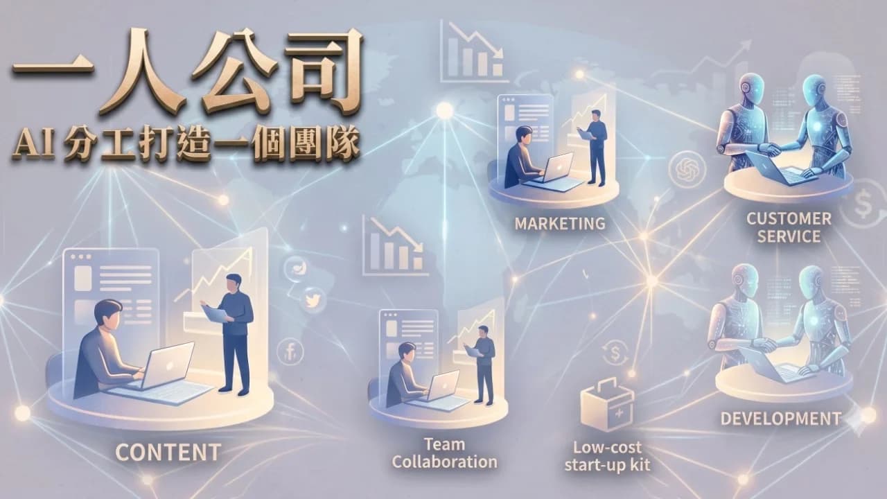 XLab 講座主視覺「一人公司 · AI 分工打造一個團隊」,標示 Marketing、Content、Customer Service、Development 等 AI 分工