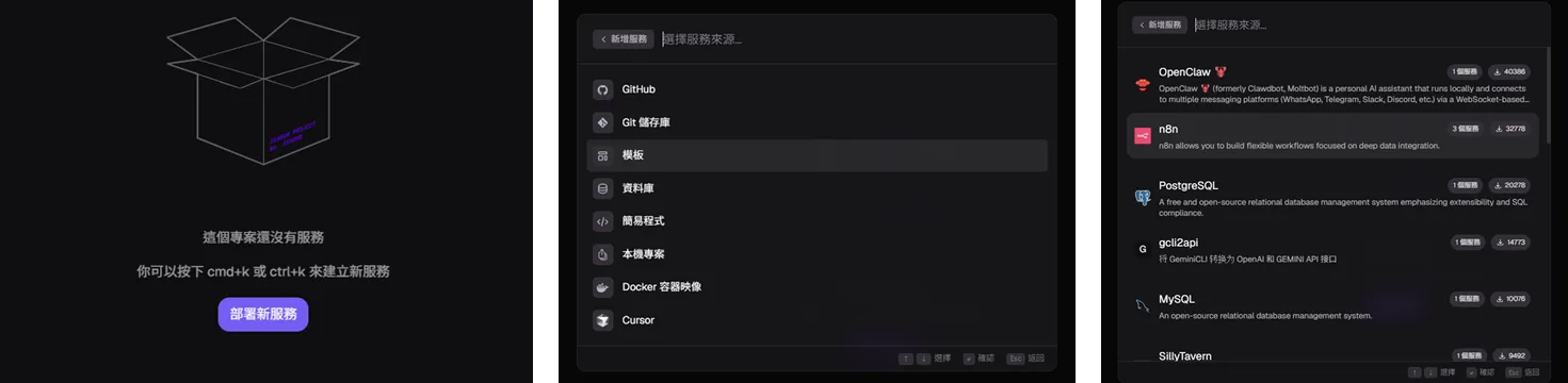Zeabur 部署 n8n 步驟五：部署新服務、選擇模板來源、從範本清單挑 n8n 三個連續動作