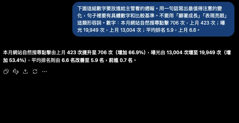 ChatGPT 實測截圖：禁用形容詞後，數字結論的實際輸出