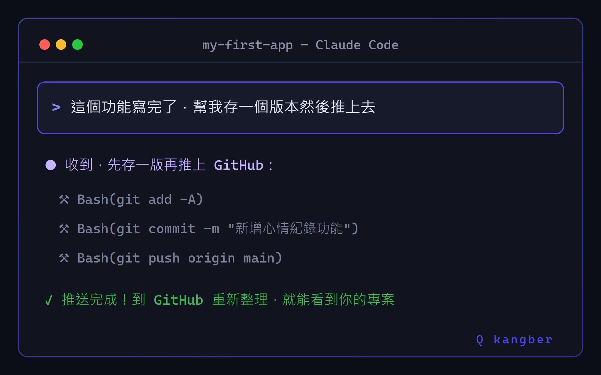 Claude Code 終端機畫面示意：一句話交代存版本並推送，它自動執行 git add、commit、push 三個指令