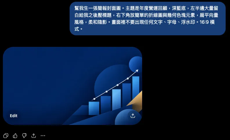 ChatGPT 實測截圖：生成的簡報封面圖，深藍底、左側留白、右下角折線圖元素、畫面無文字
