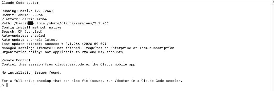 Mac 終端機執行 claude doctor 的輸出，列出安裝路徑、版本、設定檔狀態與警告