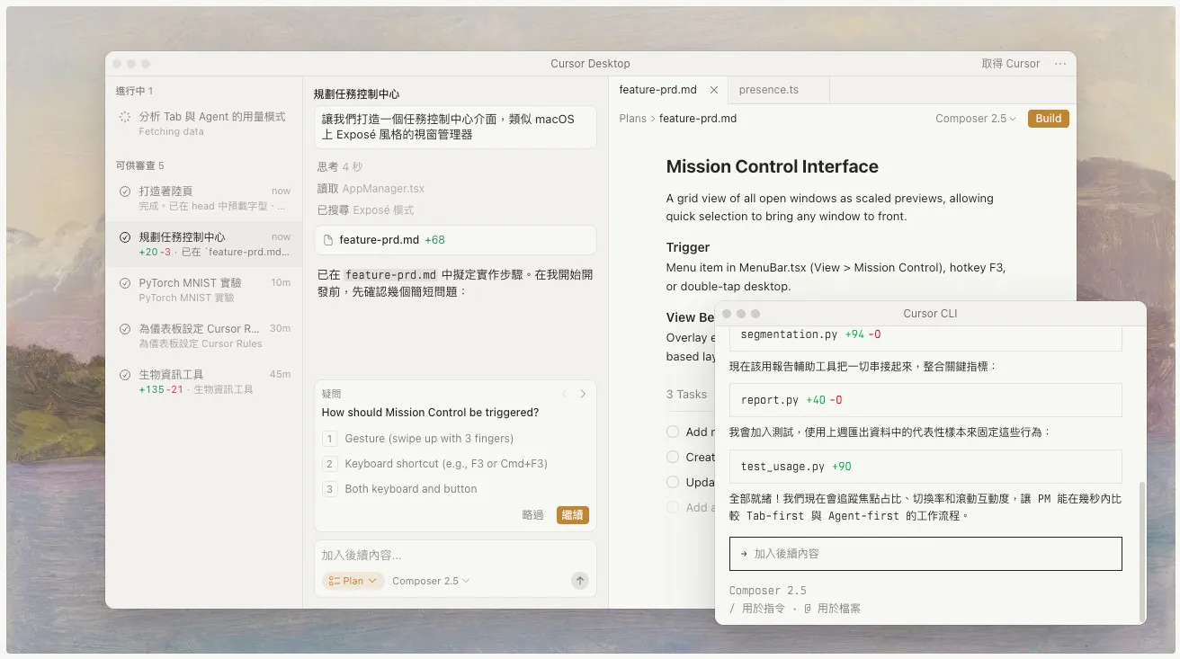 Cursor 實際操作畫面：左側任務列表、中間 PRD 規劃、右側 Cursor CLI 對話下指令
