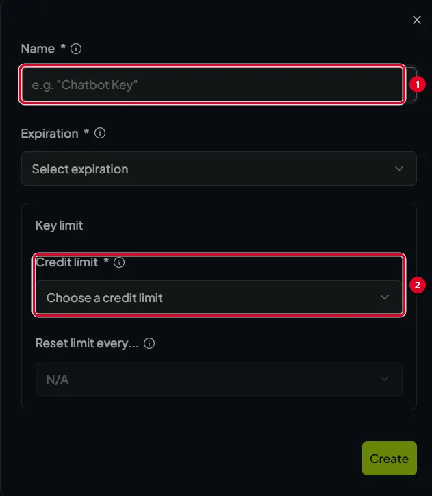 OpenRouter 建立 API Key 視窗，Name 與 Credit limit 欄位