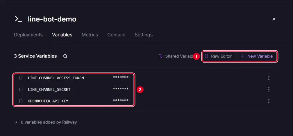 Railway Variables 頁面，已加入 LINE_CHANNEL_ACCESS_TOKEN、LINE_CHANNEL_SECRET、OPENROUTER_API_KEY 三個變數