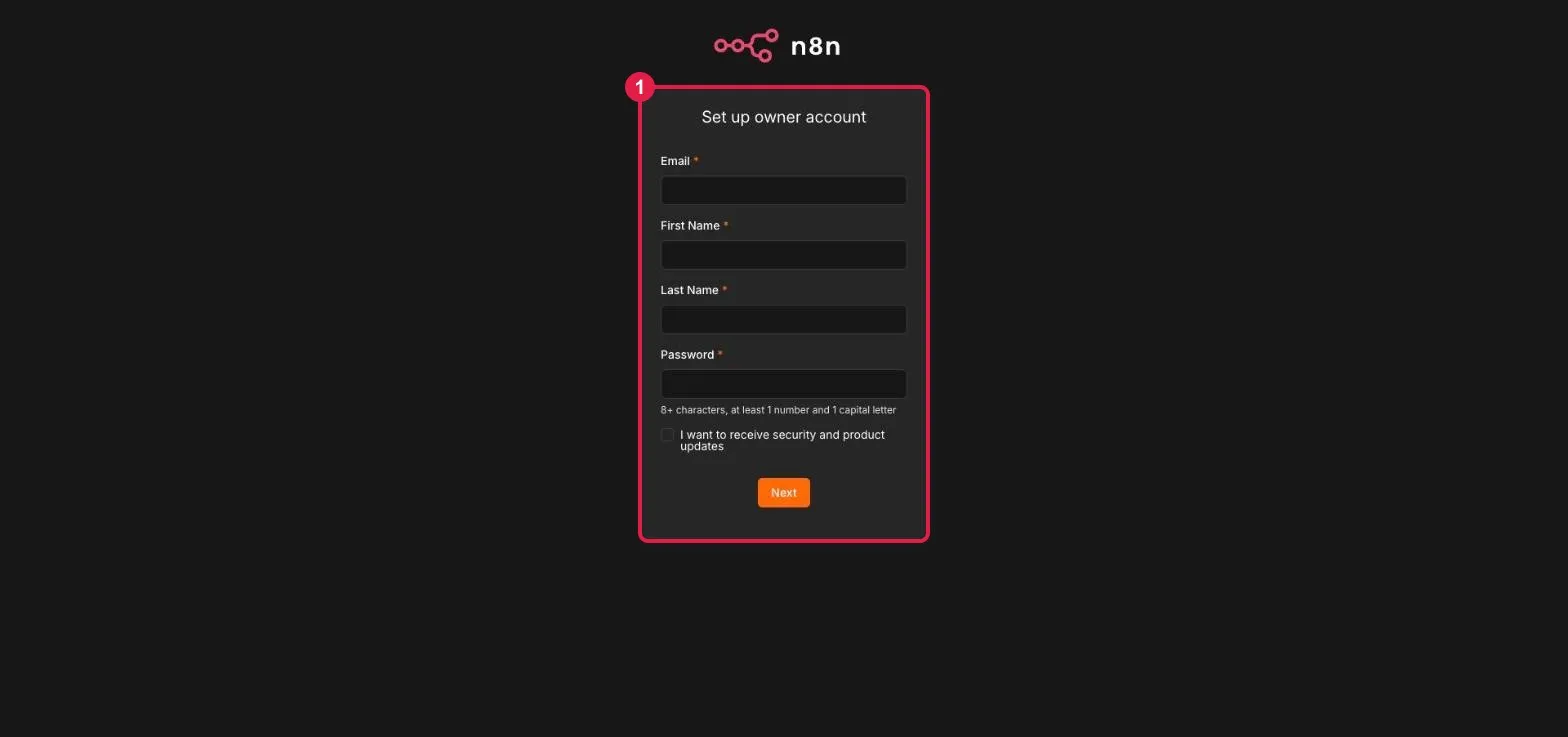 Railway 部署 n8n 步驟六：打開 n8n 網址後出現 Set up owner account 管理者帳號註冊表單，以紅框標示