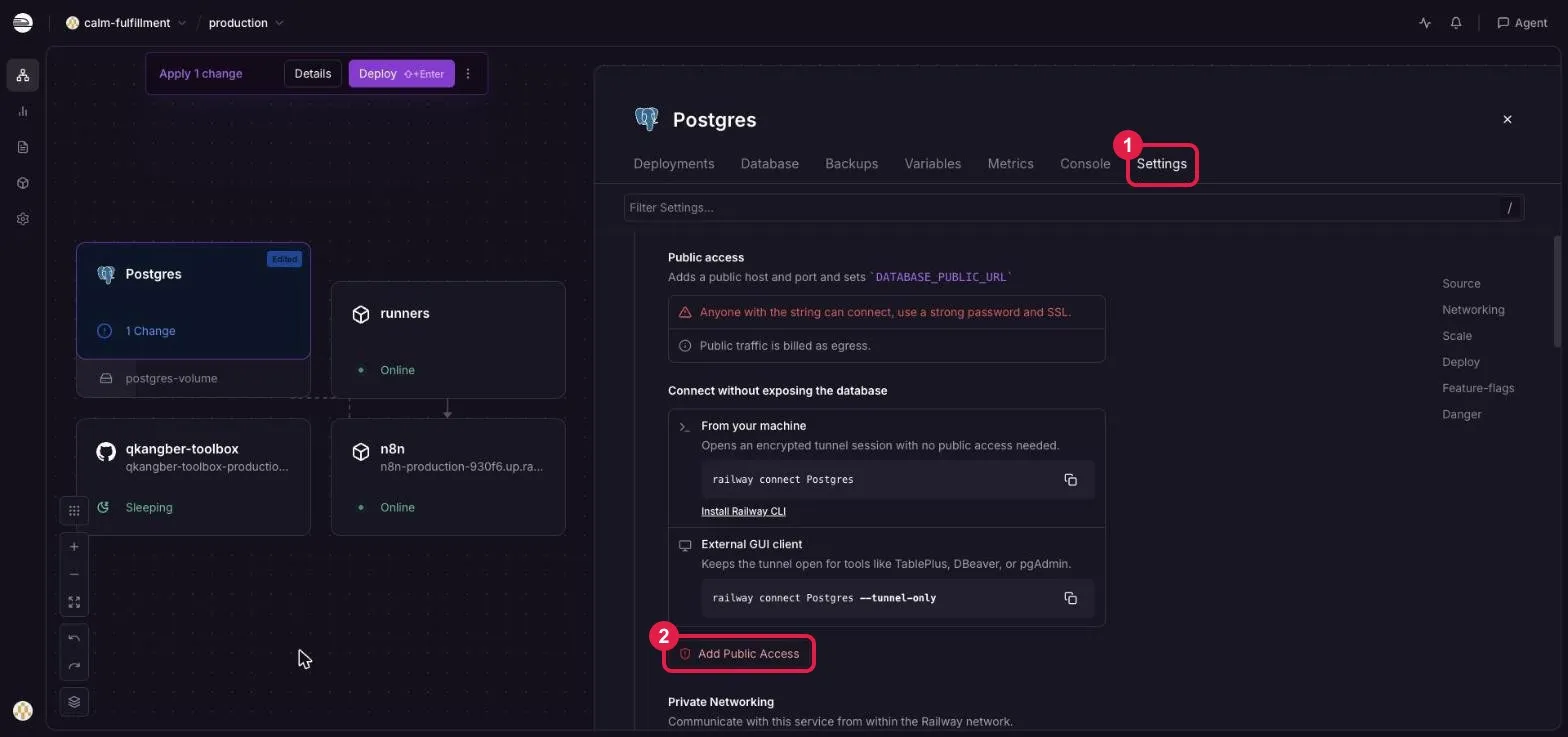 Railway 資料庫服務設定整頁畫面：①Settings 分頁、②Networking 底下的 Add Public Access 按鈕，以紅框編號標示