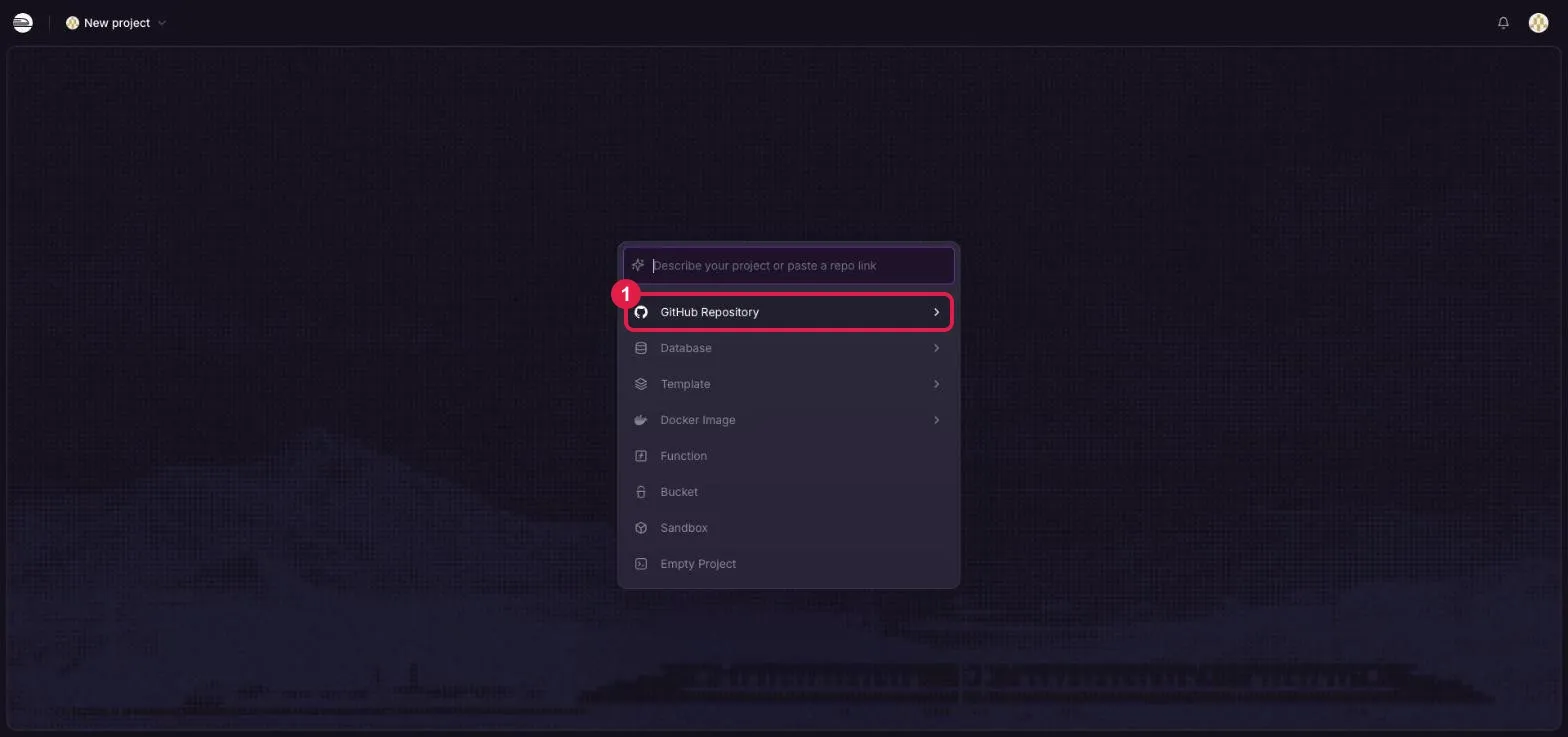 Railway 建立新專案的整頁畫面，①選單中的 GitHub Repository 選項以紅框標示